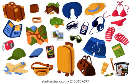 Kit de viaje. Bolso y accesorios para turistas. Un conjunto de cosas para viajar y relajarse en la playa. Maleta, ropa, cosméticos, zapatos, pasaporte. Ilustración vectorial plana aislada en un blanco