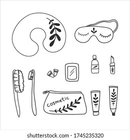 Travel Kit - Comfort hygiene products to use on flight include Sleep Mask , Earplugs , Travel Neck Pillow and Headphone. Handdrawn doodle Illustration collection.