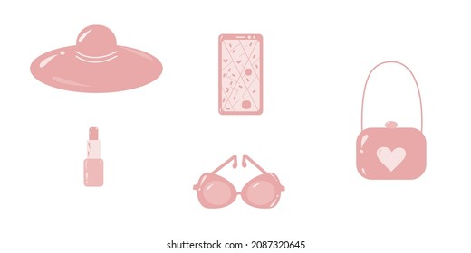 Un kit de viaje con la imagen de las cosas más necesarias para una mujer en viajes y viajes. Estilo de vida. Puerta de salida