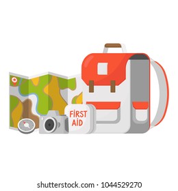 Travel kit - map, camera, first aid kit, compass, backpack in flat style. Vector illustration