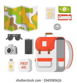 Travel kit - map, sunglasses, camera, first-aid kit, sunblock, passport, money, ticket, compass, smartphone, backpack in flat style. Vector illustration