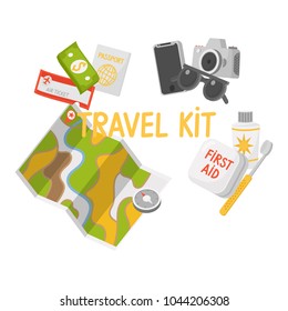 Travel kit - map, sunglasses, camera, first aid kit, sunblock, passport, money, ticket, compass, smartphone and toothbrush in flat style. Vector illustration