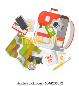 Travel kit - map, sunglasses, camera, first-aid kit, sunblock, passport, money, ticket, compass, backpack, smartphone in flat style. Vector illustration