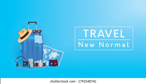 Travel kit New normal lifestyle concept. Masks blue suitcase with sunglasses, map, hat and camera on blue background. Protection coronavirus (2019-ncov) Vector EPS10 illustration.