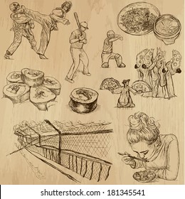 Travel : KOREA set no.2. Collection of hand drawn illustrations. Each drawing comprises two layers of outlines, the colored background is isolated.