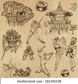 Travel : KOREA set no.3. Collection of hand drawn illustrations. Each drawing comprises two layers of outlines, the colored background is isolated.