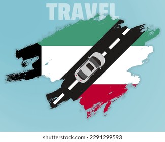 Travel to Kuwait by car, going holiday idea, vacation and travel banner concept, car on the road with Kuwait flag, international car travel, automobile going on a way, top view