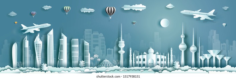 Travel Kuwait Landmark With Modern Building, Skyline, Skyscraper By Airplane. Tour Cityscape Of Arab Modern Design.Travelling To Landmarks Of Middle Asia  And Downtown Background.Vector Illustration