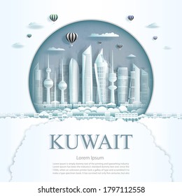 Travel Kuwait monument in Kuwait city modern building in circle texture background. Business travel poster and postcard.Travel landmarks of Asia modern architecture cityscape. Vector illustration