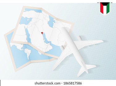 Travel to Kuwait, top view airplane with map and flag of Kuwait. Travel and tourism banner design.