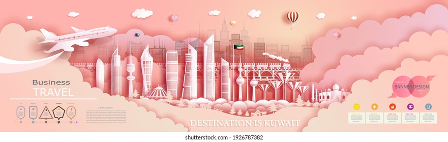 Travel Kuwait Top World Modern Skyscraper And Famous City Architecture. Modern Business Brochure Design For Advertising With Infographics.Tour Cityscape Kuwait Landmark Of Asia With Popular Skyline.