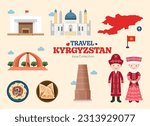 Travel Kyrgyzstan flat icons set. Kyrgyz element icon map and landmarks symbols and objects collection. Vector Illustration