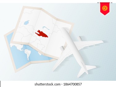 Travel to Kyrgyzstan, top view airplane with map and flag of Kyrgyzstan. Travel and tourism banner design.