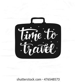 Travel label with hand written lettering inscription in suitcase silhouettes. inspiration quotes. Trendy typography design for cards, posters, banners. Tourism business template in vintage style.