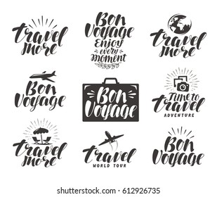 Travel, label set. Journey icons or symbols. Lettering vector illustration