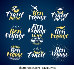 Travel, label set. Journey, vacation icons or symbols. Lettering, calligraphy vector illustration