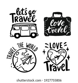 Travel labels. Retro emblems, doodle logo with lettering. Sticker vintage black.