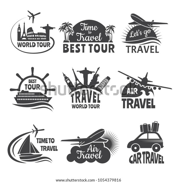 Travel labels set with illustrations of\
airplane. Vector travel label tour and\
journey