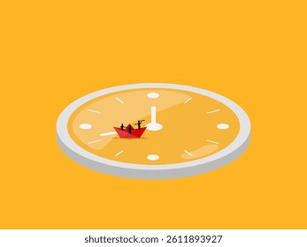 Travel and lack of time, visionary businessman sailing on a clock