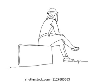 travel lady sitting on the bag action of one line drawing vector