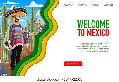 Travel landing page with mexican pyramids, cactuses and national character. Welcome to Mexico vector travel web banner template, in paper cut style. Chichen itza, famous mayan landmark and latino man