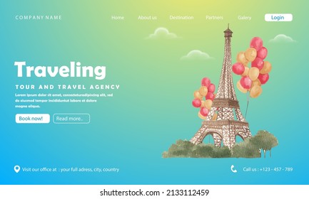 Travel landing page template design with famous landmarks in modern gradient style for travel or tourism website. Vector illustration.