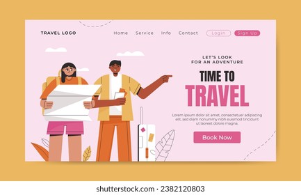 Travel Landing page template. Tourist character with luggage. Hand drawn flat illustration.