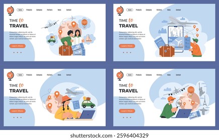 Travel landing page. tourists planning self adventure concept pictures for web pages templates