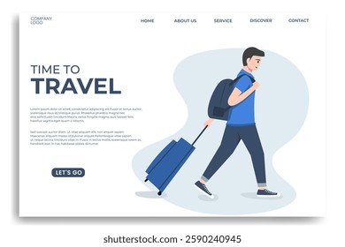 Travel landing page vector template with a traveler flat character carrying a suitcase illustration. Clean and minimalist design for travel websites, booking platforms, and agencies.