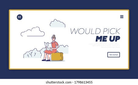 Travel landing page with woman sitting on roadside hold map and hitchhike. Young female pick up car. Cartoon girl traveler hitchhiker on summer road trip. Linear vector illustration