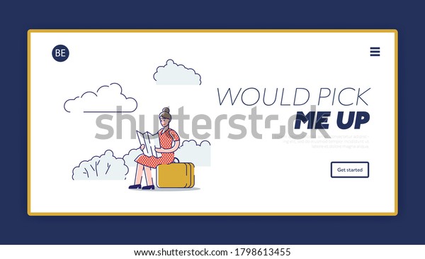 Travel\
landing page with woman sitting on roadside hold map and hitchhike.\
Young female pick up car. Cartoon girl traveler hitchhiker on\
summer road trip. Linear vector\
illustration