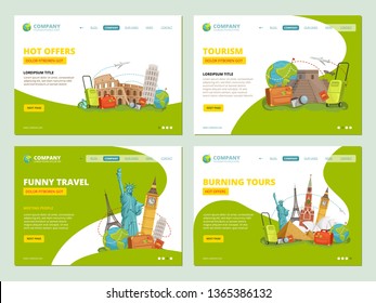 Travel landing pages. Historical landmarks points of interests for travellers website business template app layout vector. Illustration of banner travel agency, offer for vacation