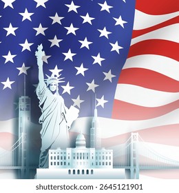 Travel landmark anniversary America day with silhouette architecture background, America republic day anniversary celebration and tour architecture landmarks USA with panoramic view popular capital.