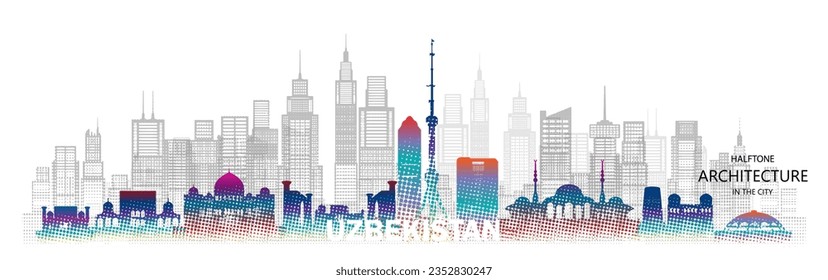 Travel landmark architecture silhouette in Uzbekistan with colorful halftone style. Tour Asia architectural famous landmarks of Uzbekistan in turkmenistan on white background. Vector illustration.