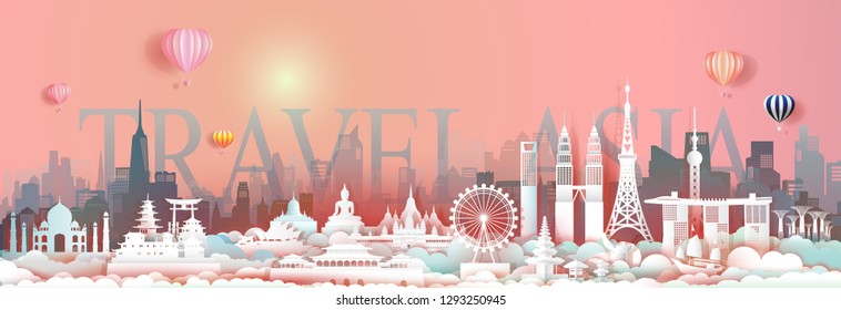 Travel Landmark Asia With Downtown Cityscape Skyline And Asean Tourism, Traveling Landmarks City Capital By Balloon, Travel World To Asian, For Poster And Postcard,Vector Illustration Origami Paper.