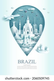 Travel landmark Brazil architecture monument pin of Brasil in rio de janeiro famous with modern and ancient city building business landmarks of architecture. Vector illustration pin point symbol.