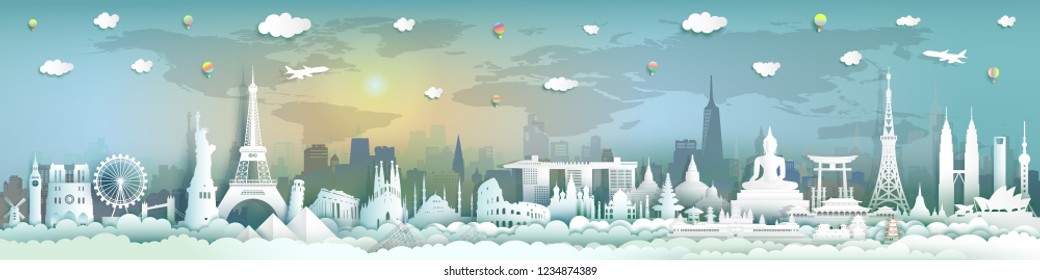 Travel landmark by plane and balloon, Tourism landmarks world with city background,Tour with sunrise sunset panoramic landscape,Paper cut origami, For travel poster and postcard.Vector illustration.