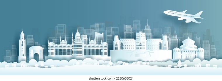 Travel landmark castle architecture Romania in Bucharest famous city. Tour to europe ancient in Bucharest city background. Travelling Romania with panorama capital with paper art, Vector illustration.