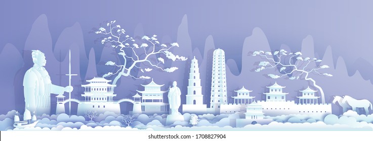 Travel landmark China Xian city with ancient warrior, horse and sailboat, Tour landmark retro to history with panorama view cityscape popular capital, Origami paper cut style for postcard, advertising