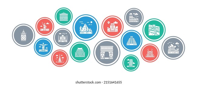 Travel Landmark concept illustration banner. Egypt, Italy, United Kingdom, France, India, USA vector banner for web page.