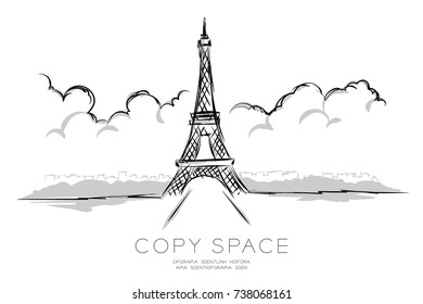 Travel landmark destination set, Eiffel Tower hand drawing concept design black and white color illustration isolated on white background