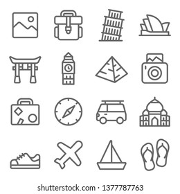 Travel Landmark Icon Set. Contains such Icons as Torii, Opera house, Taj mahal ,Big Ben and more. Expanded Stroke