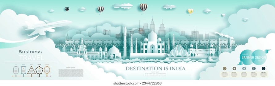 Travel landmark India top world famous city ancient and modern architecture. Modern business brochure design for advertising with infographics.Tour India landmarks of Asia with popular skyline.