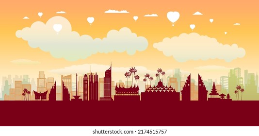 Travel Landmark Of Indonesia Skyline In Silhouette Vector Isolated Cityscape Panoramic Architecture Area, Anniversary Indonesia Day In Lahore With Indonesian Flag, Vector Silhouette Isolated Style.