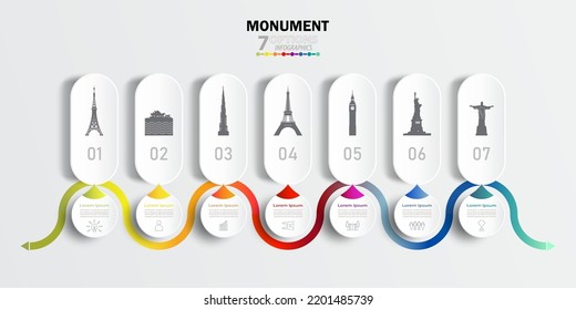 Travel landmark infographic world monument template. Modern infographic skyline template design with monuments icons. Travel landmarks world with 7 options or steps. Tour skyline of world concept.