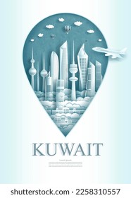 Travel landmark Kuwait monument pin of Asia modern architecture of Kuwait city in pin marker background. Travel poster and postcard of asia for business. Vector illustration pin point symbol.