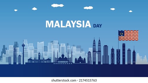 Punto de referencia del viaje de Malasia en el área de la arquitectura panorámica del vector de silueta aislado del paisaje urbano, Día del Aniversario de Malasia en kuala lumpur con bandera malasia, estilo aislado de silueta vectorial.