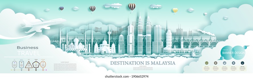 Travel Landmark Malaysia Top World Famous City Ancient And Modern Architecture. Modern Business Brochure Design For Advertising With Infographics.Tour Malaysia Landmarks Of Asia With Popular Skyline.