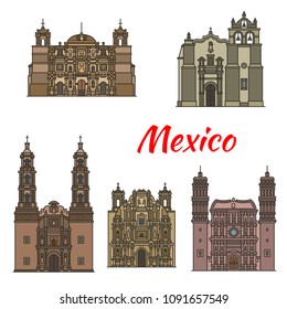 Travel landmark of mexican roman catholic architecture icon set. Temple of Saint Pedro Apostol, Aguascalientes and Oaxaca Cathedral, Basilica of Our Lady of Solitude and Zacatecas Cathedral