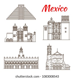 Travel landmark of Mexico and ancient Mesoamerica icon. Sacromonte Church, Aztec Pyramid of Chichen Itza and Saint Augustin Church, Monastery of Santo Domingo and Merida City Hall for tourism design